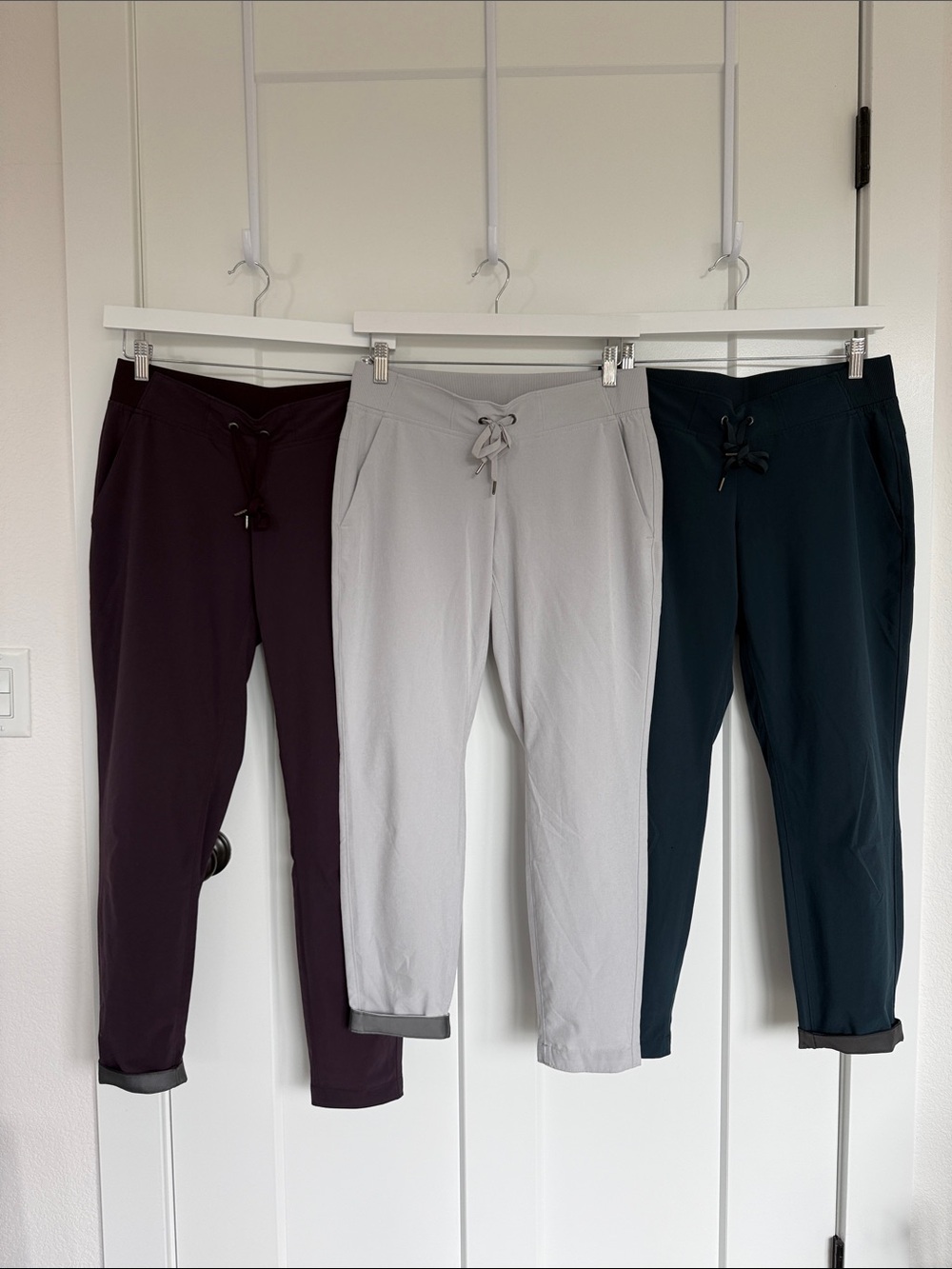 Athleta Brooklyn style Ankle Pants - Plum, Light Gray, and Dark Seafoam